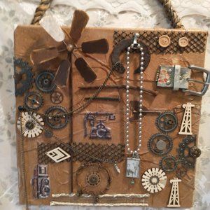 3D steam punk art 14" x 14" browns and metal wood